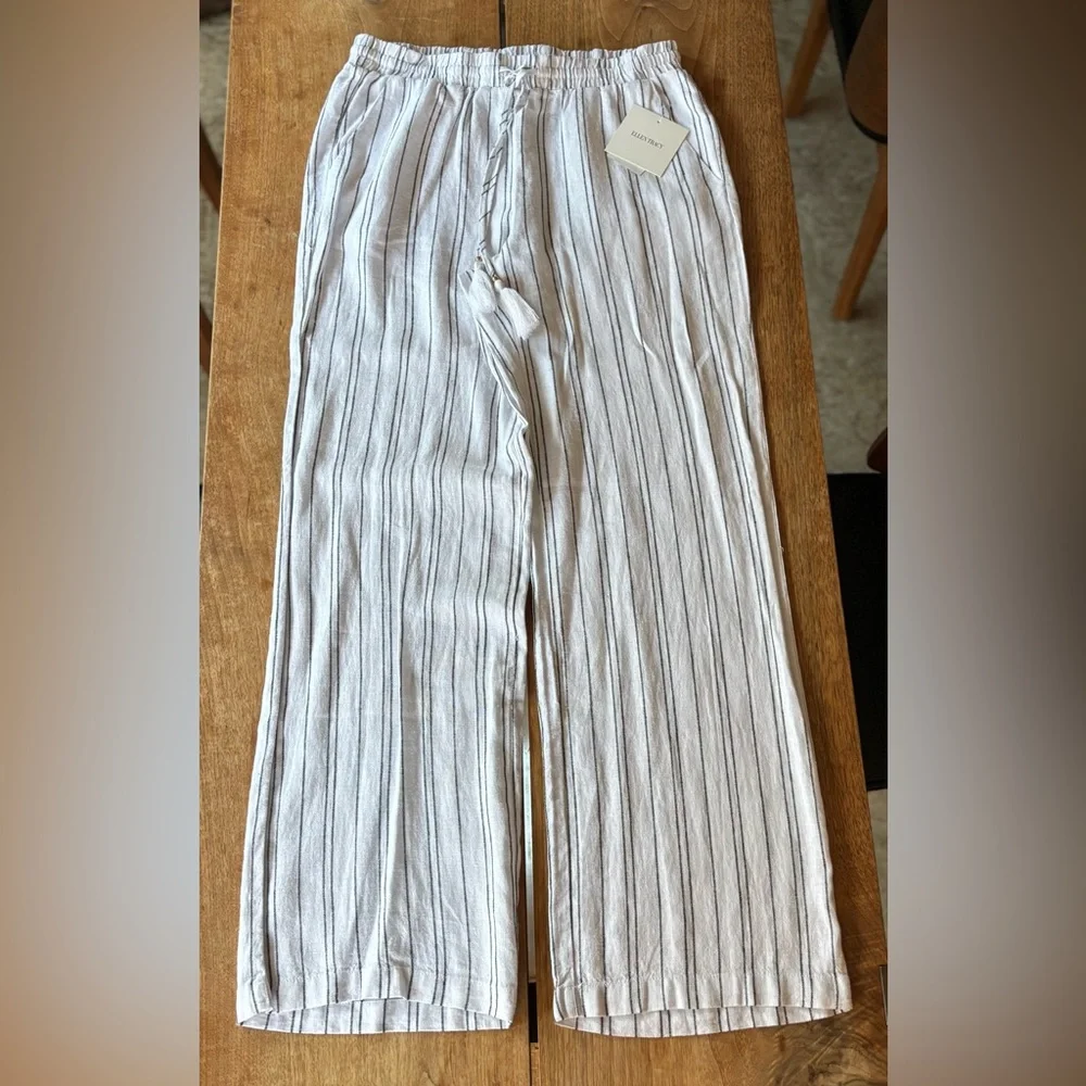 Ellen Tracy Linen Stripe Wide Leg Pants Women's Small White w/ Black pinstripes - Picture 10 of 15